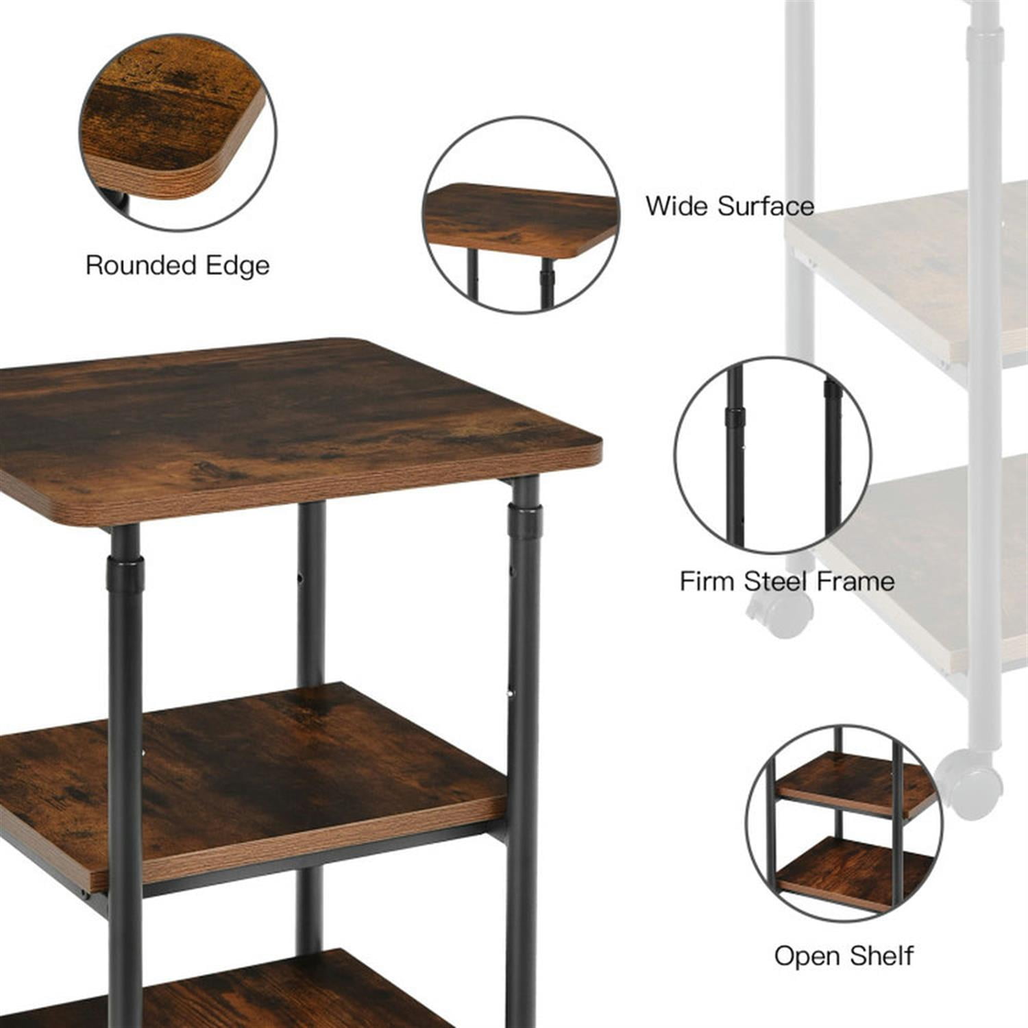 Demi Bonn 3-tier Adjustable Printer Stand with 360° Swivel Casters, Laptop Workstation for Laptops, Books, Tablets, and Art, Brown