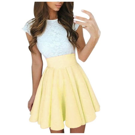 

Hfyihgf Womens Dresses Teen Girls Lace Patchwork Sleeveless Sundress Summer Prom Party Cocktail Mini Skater Dress(Yellow M)