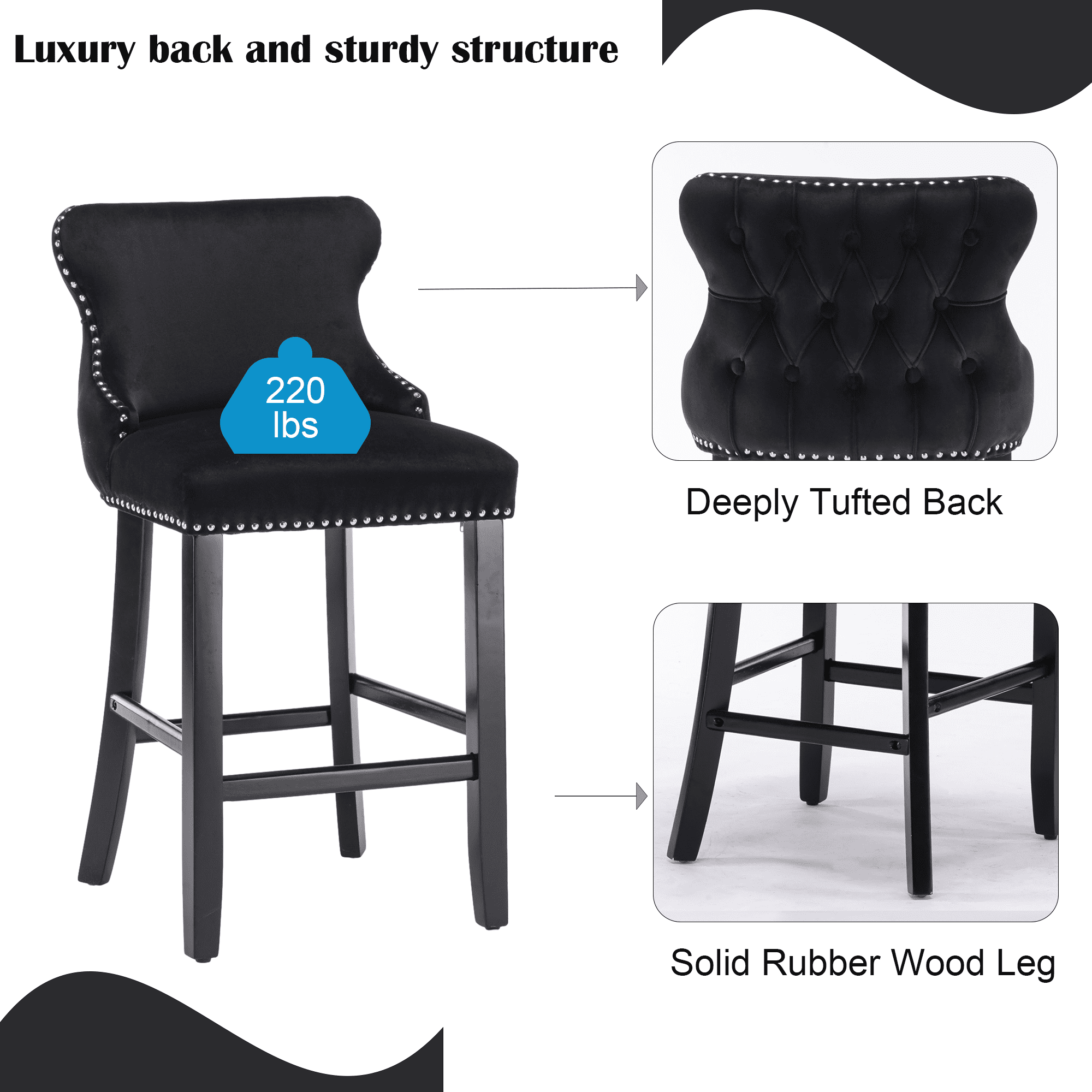 Velvet Counter Height Upholstered Barstools, Bar Stools Seat Height 27", Counter Height Armless Bar Chairs Button Tufted with Solid Wood Legs and Footrest for Kitchen Island Bar Area (Set of 6)