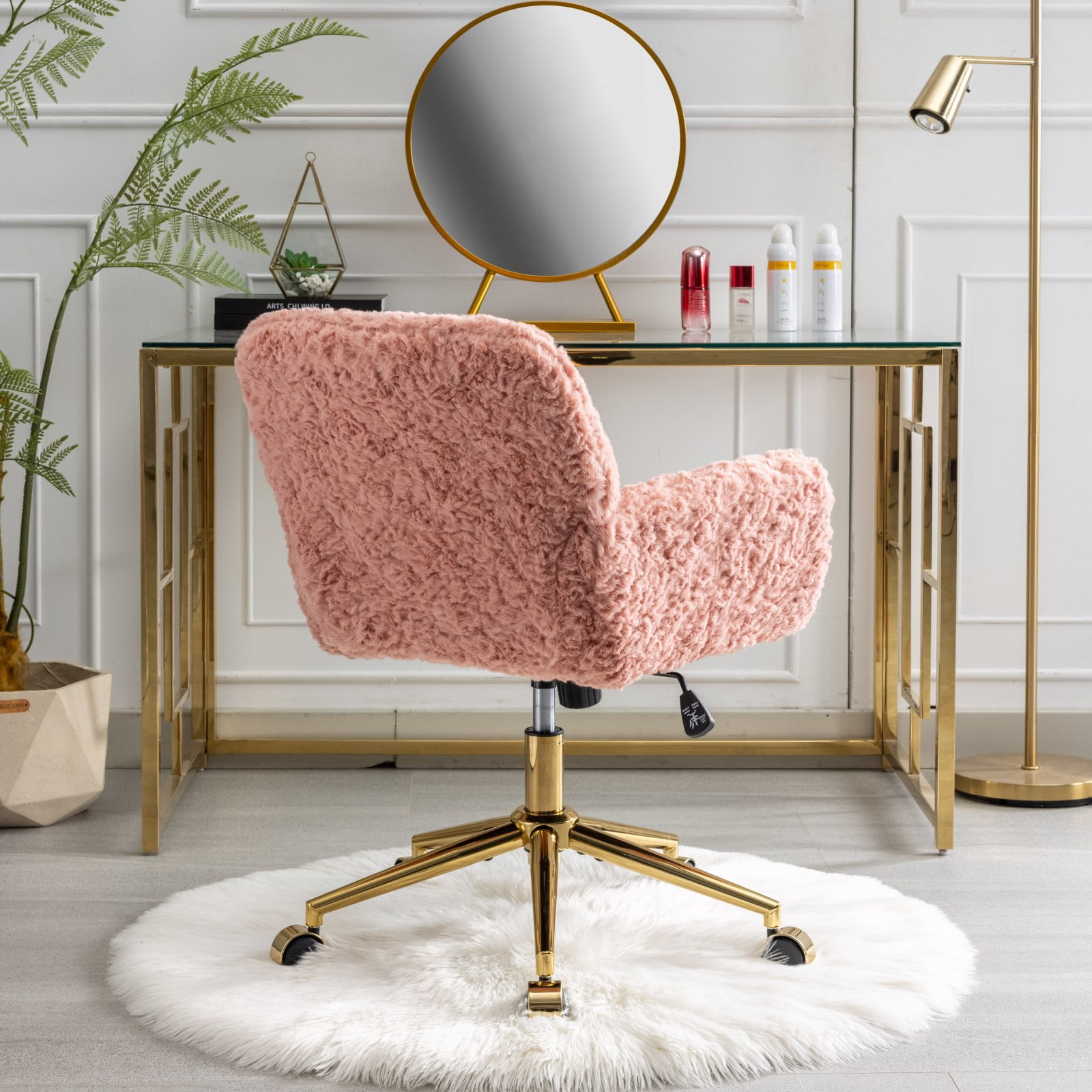 PAPROOS Office Chair, Velvet Upholstered Tufted Button Home Office Chair with Golden Metal Base, Adjustable Height, Swivel Ergonomic Task Chair, Luxury Desk Chair Computer Chair, Pink