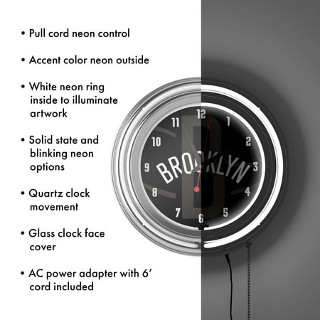 Brooklyn Nets NBA Fade Chrome Double Ring Neon Clock - Black, White