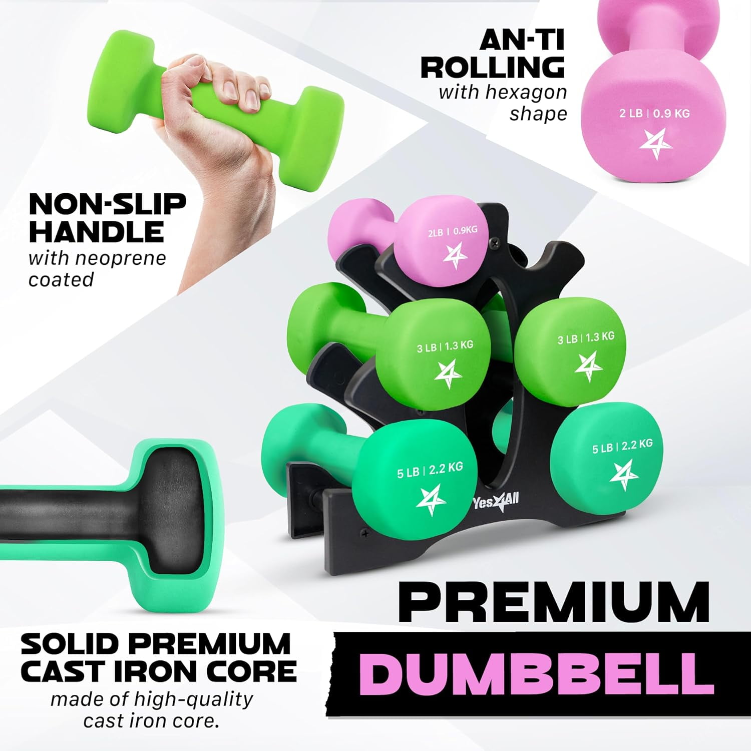 Neoprene Coated Adjustable Dumbbell Set with Rack - 2/3/5lb Hex Weights for Home Gym Strength Training