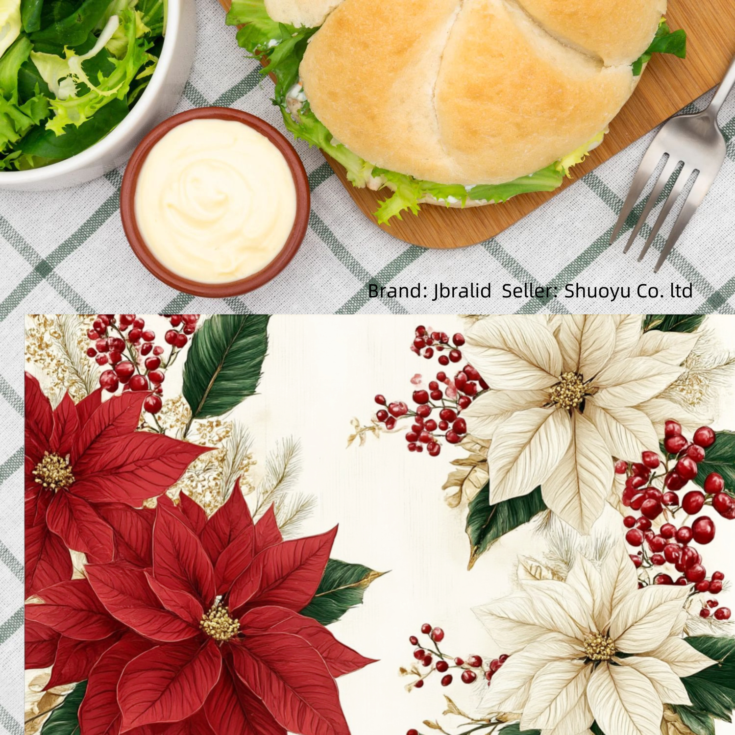 Jbralid Christmas Poinsettia Floral Linen Placemat Set of 6 for Home Kitchen Table Decor 12x18 inch