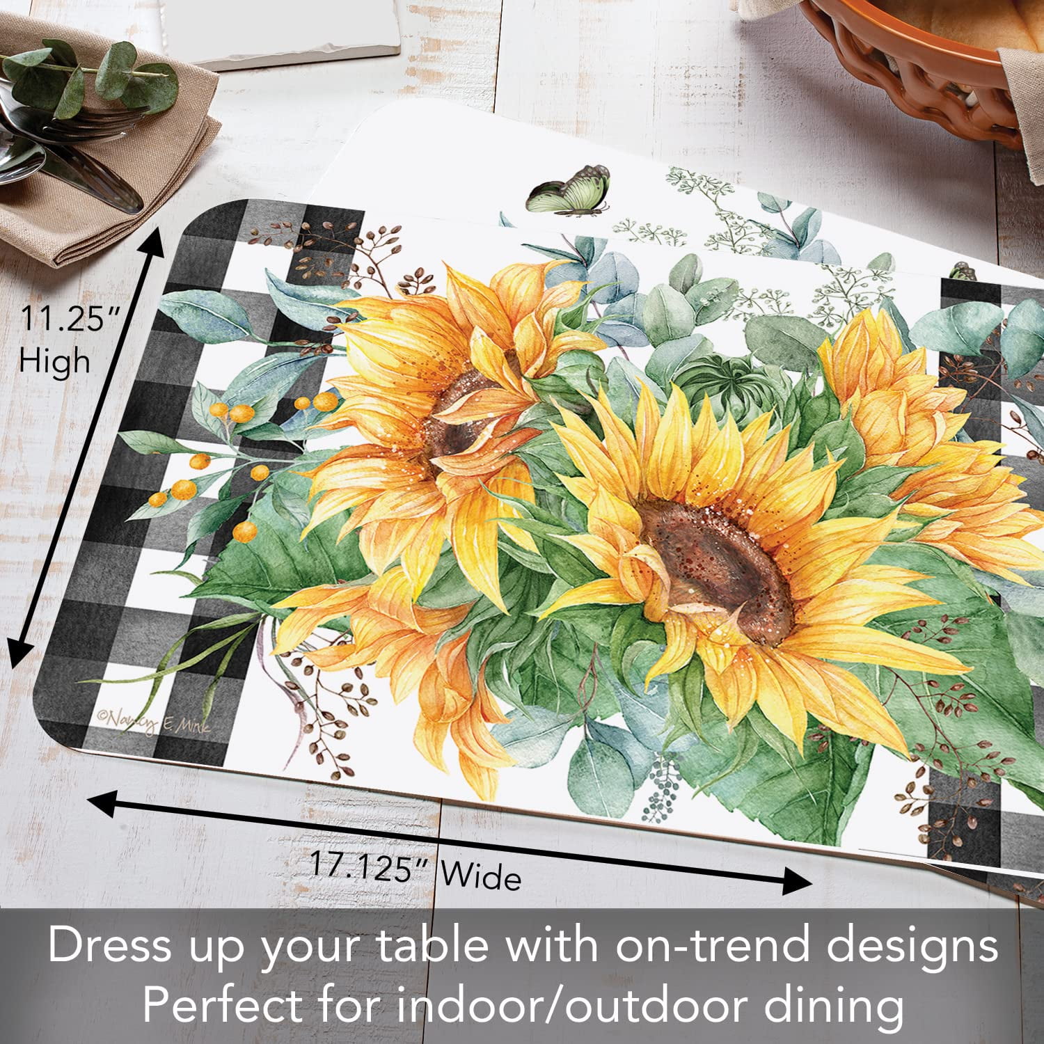 Farm Family Sunflower Cattle Sunflower on Old Car Placemats Set of 4 Heat  Resistant Non-Slip Place Mats for Dining Table, Washable Durable PVC Woven