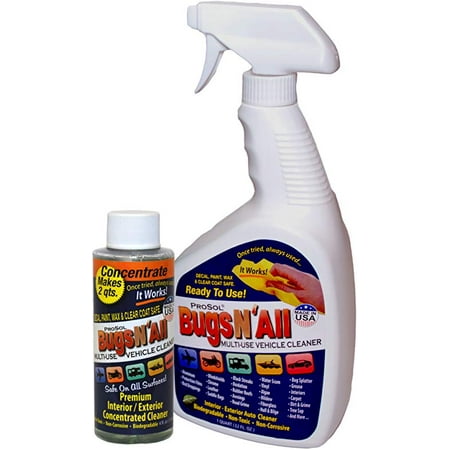 Bugs N All - Best All Purpose Interior & Exterior Vehicle Cleaner & Bug Remover. 4oz. Concentrate Makes 2 Quarts. Includes: Empty 1 Qt. Spray Bottle - Safe on Wax, Clear Coat, Paint &