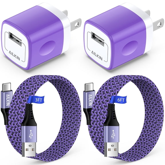 Type C Charger Fast Charging,2PACK AILKIN USB Wall Charger Block Usb C Charging Cables 6ft 3ft Charger Block Plug Adapter High Speed Phone Charger Cord Android Fast Charger Block Type C(Purple)