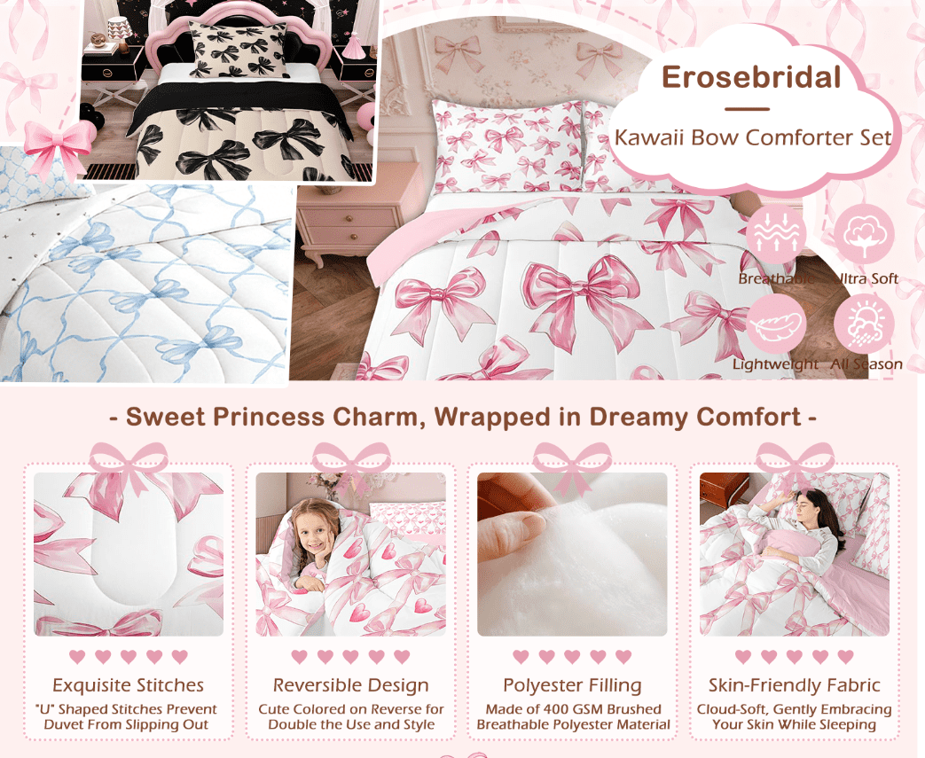Erosebridal Bow Bedding Set Queen Black Bow Tie Bedding Comforter Sets Teen Adults Room Decor,Watercolor Bowknot Comforter Set Black White Simple Decor Bed Duvet Set