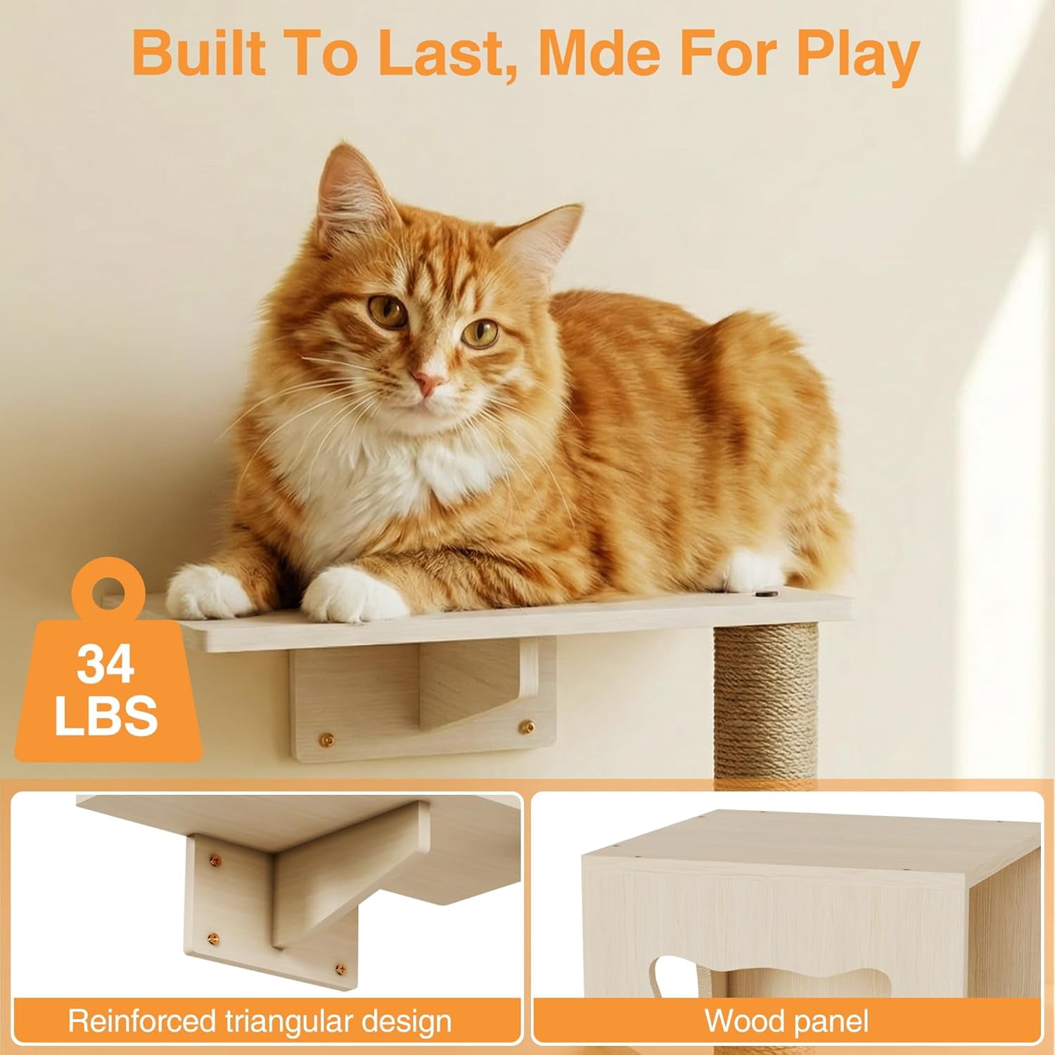 Cakhdry  Wall Shelves Wooden Multi-Level Climbing Furniture with Sisal Scratcher Perches Bed Ball Space Saving Wall Mounted for