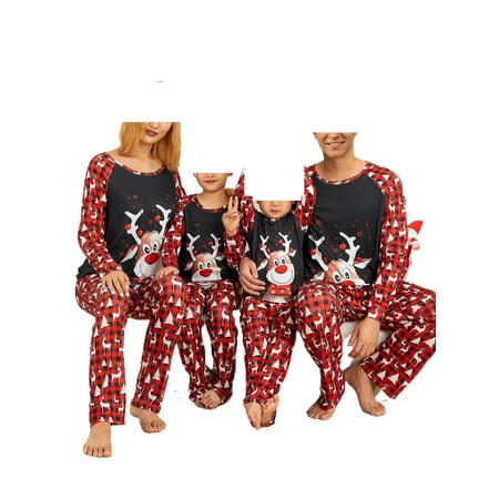 

Family Christmas Pajamas Matching Sets Cartoon Elk Plaid Printing Long Sleeve Crewneck Sleepwear for Adult Kids