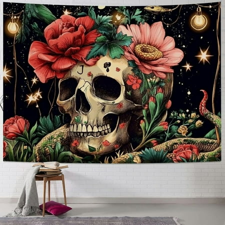 

KING Skull Floral Tapestry Mushroom Skeleton Goth Garden Aesthetic Tapestries for Bedroom 40x30inch