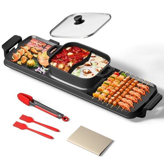 Aoran 2 in 1 Electric Hot Pot and Grill, 2200W Smokeless BBQ Grill with Separate Dual Temp Control, Multifunctional Removable Hot Pot Grill with Non-stick for 1-8 People
