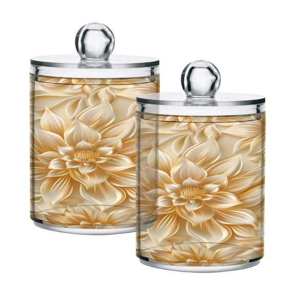 2 Pack Qtip Holder Dispenser Luxury Dahlia Flower Clear Plastic Storage Apothecary Jars for Cotton Swabs Balls Pads Floss