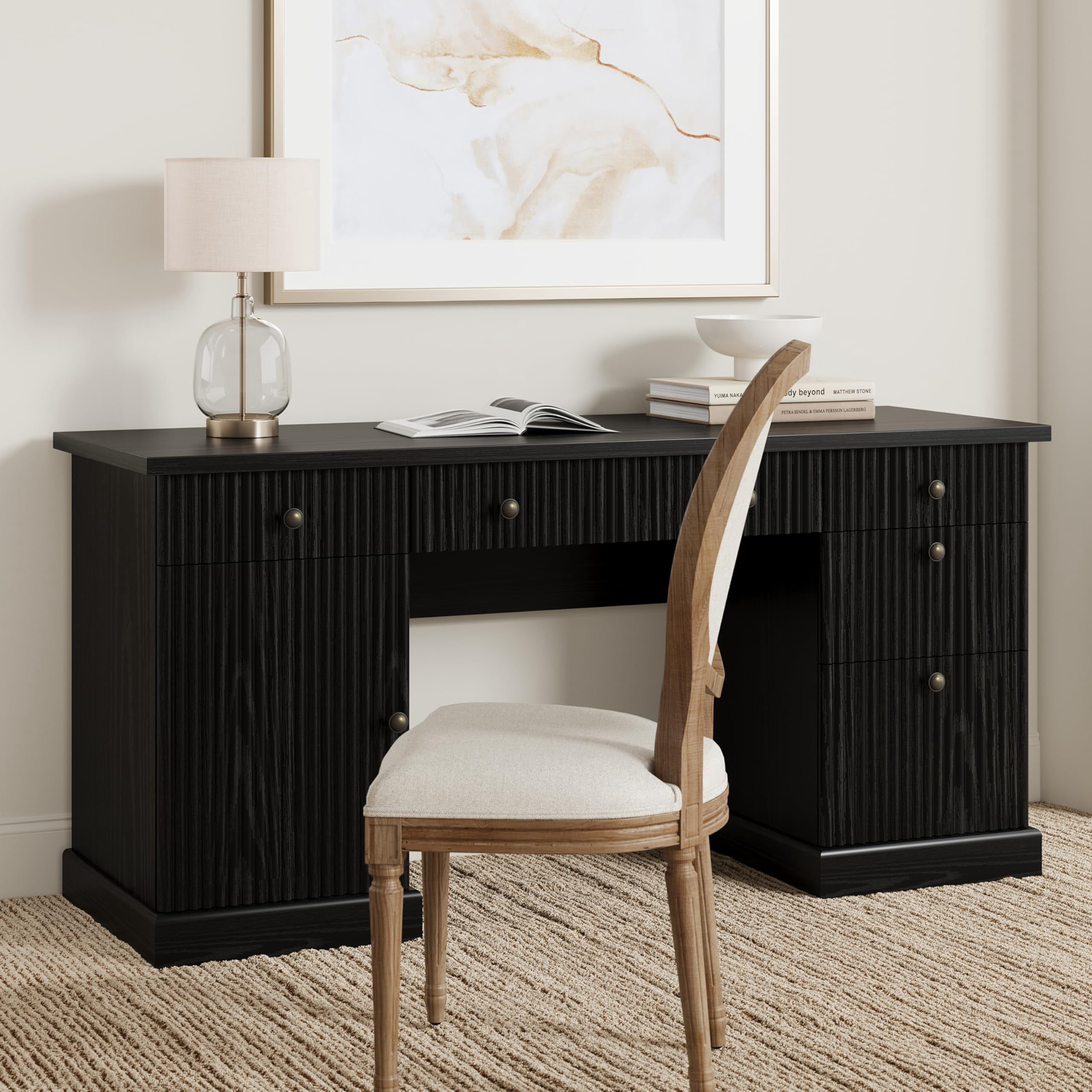 Garvee 60" Fluted Executive Desk with Charging Station & File Storage – Modern Wooden Computer Desk for Home Office, Study, Living Room or Bedroom-Black