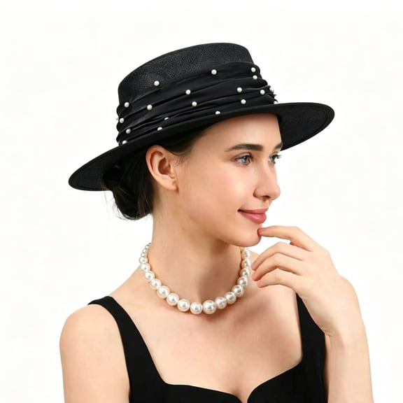 Lightweight Breathable Straw Hat with Pearl Trim for Women Church Banquet