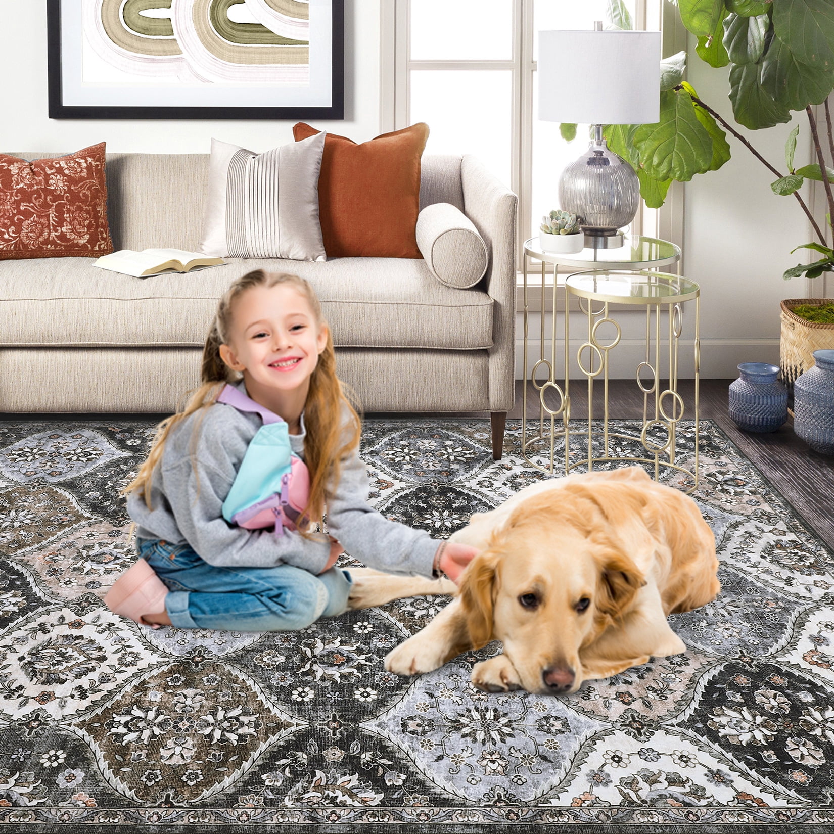 Luku 5ft*7ft Runner Rug Washable Moroccan Trellis Hallway Runner, Non-Slip Stain Resistant Area Rug Vintage Distressed Floral Kitchen Mat Floor Cover Carpet for Doorway Bedside