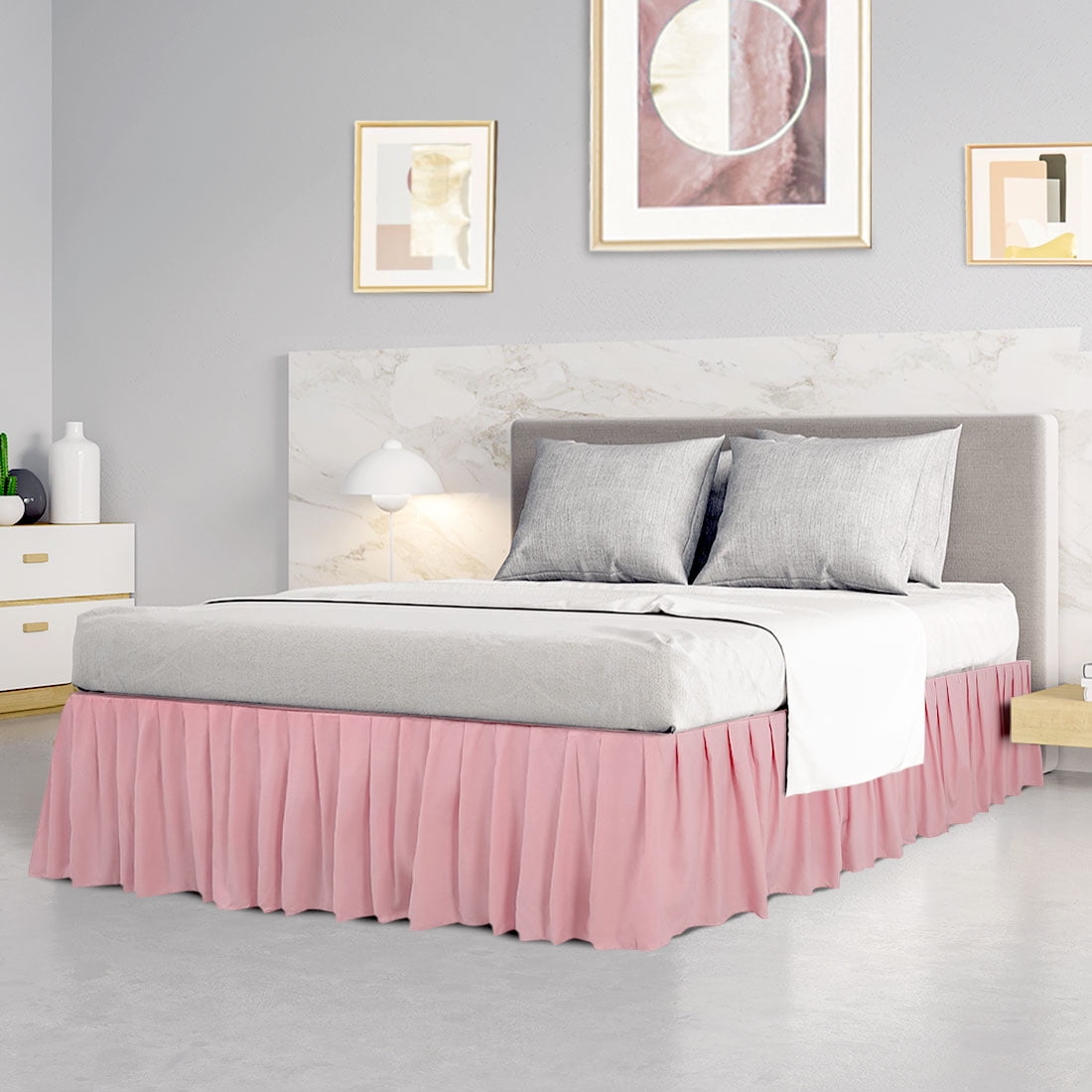 Unique Bargains Polyester Ruffled Bed Skirt with 16" Drop Queen Pink
