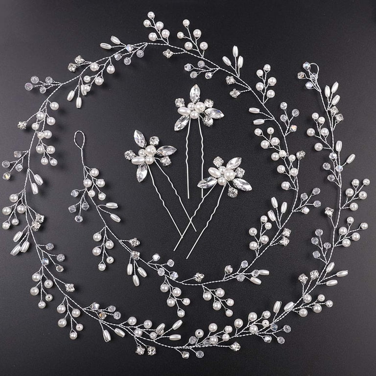 Silver Extra Long Pearl and Crystal Beads Bridal Hair Vine  display picture 1