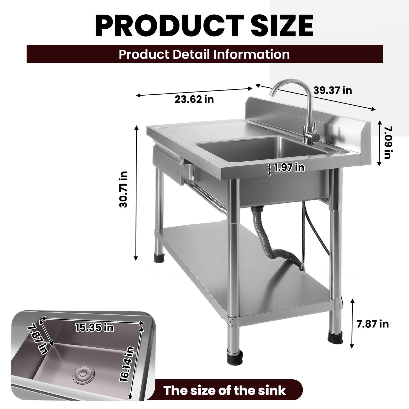 Kitchen Utility Sink, Silver 304 Rust-Proof Design, 360° Swivel Faucet, Hot Cold Water Compatible, Free Standing Single Bowl Sink with Drawer for Farmhouse Commercial Kitchen