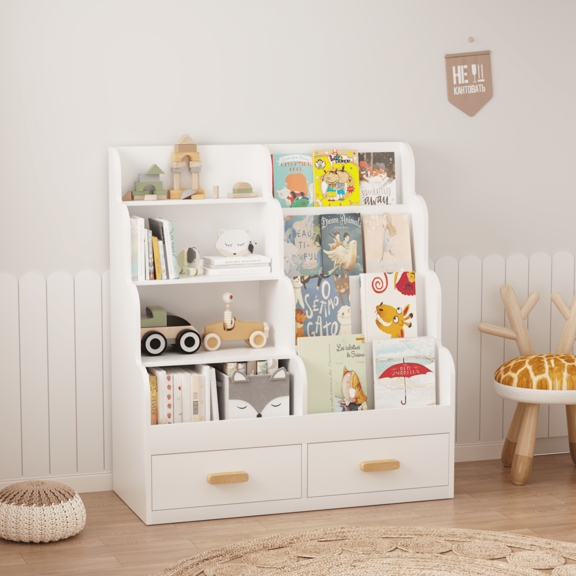 Kids Furniture Kids Bookshelf with 2 Storage Drawers, Front-Facing Children's Bookcase and Toy Organizer, Multi-Tier Reading Shelf for Toddlers, Playroom, Bedroom, or Nursery - White,Baby Nursery Fu