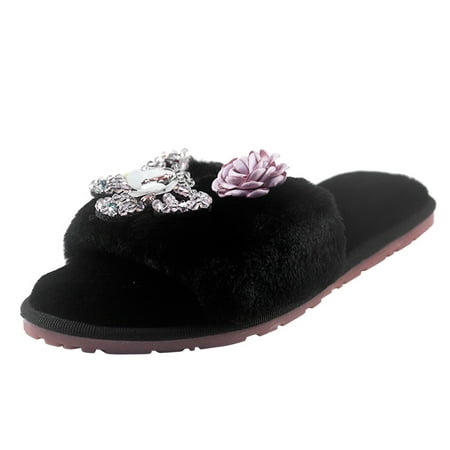 

Slippers for Women Plush Shoes Flat Open Slip On Home Flowers Slippers Toe Warm Furry Keep Women Home Women S Slipper Womens Slippers Flock Black 40
