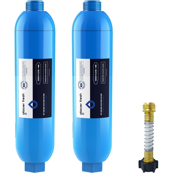 RV/Marine Water Filter with 1 Flexible Hose Protector, Greatly Reduces Bad Taste, Odors, Chlorine and Sediment in Drinking Water, 2 Pack