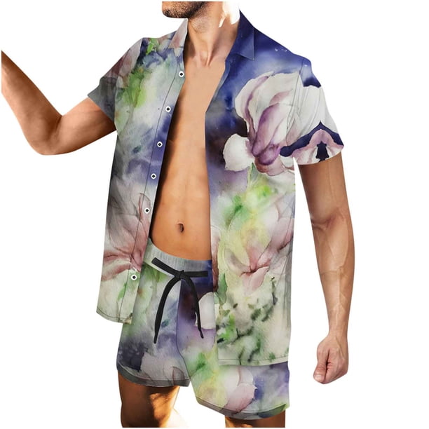 Conjunto casual de blusa y pantalones de playa de manga corta con estampado de botones para hombre Pompotops oipoqjl35979