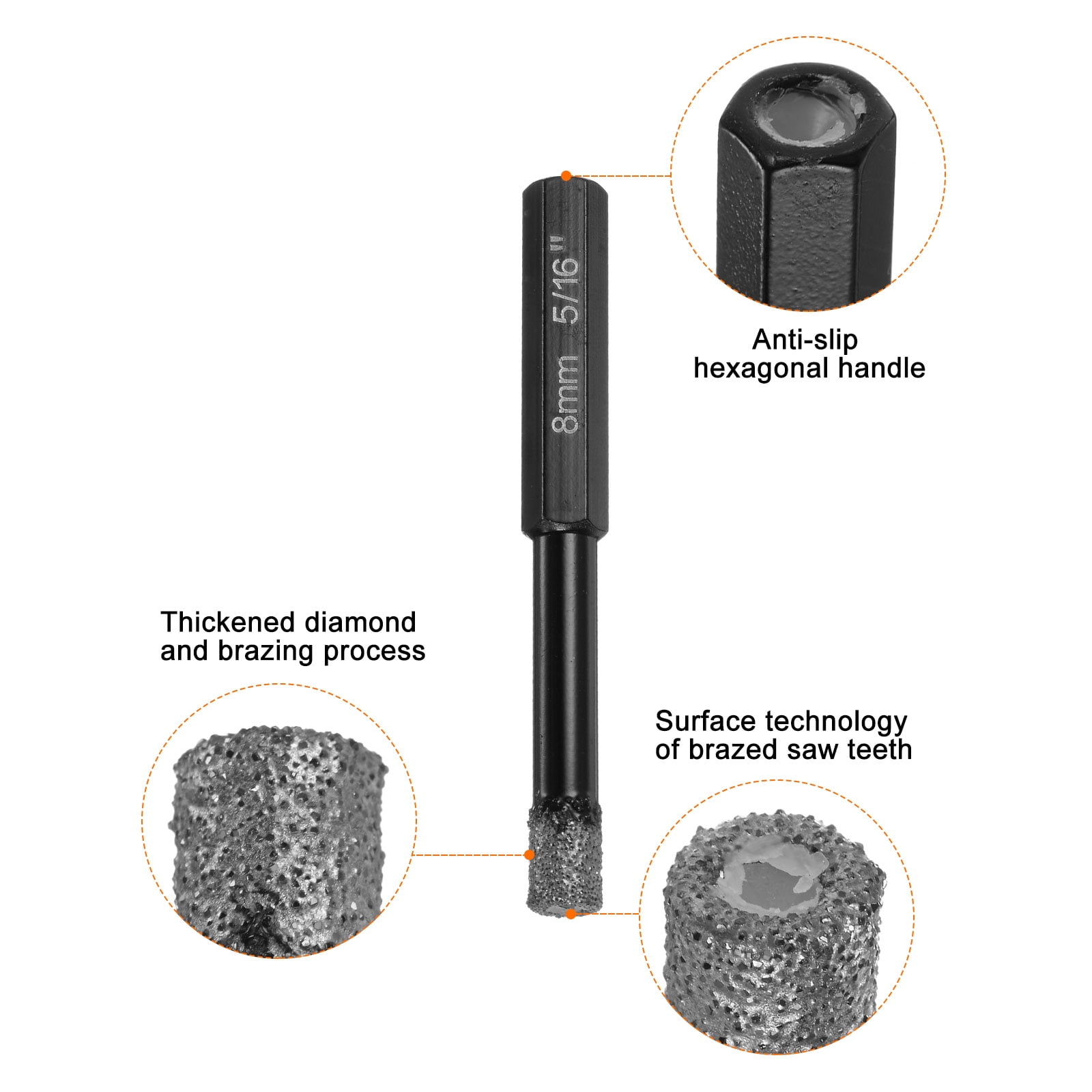 Uxcell 5 Pieces 8mm Dry Diamond Core Drill Bits Set 1/3" Hex Shank Vacuum Brazed Hole Drilling Bit