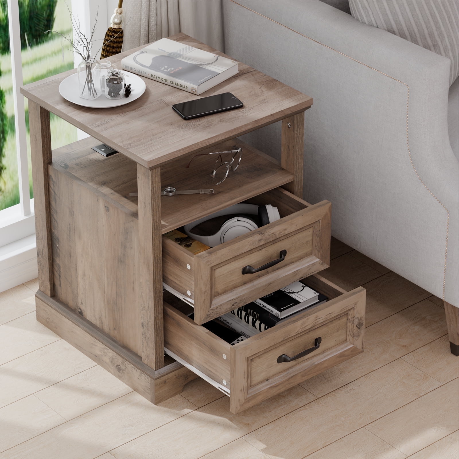 Hommpa Farmhouse End Tables for Living Room, Nightstand with Charging Station, Rustic Sofa Side Table with 2 Drawers and Storage Shelf, Bedside Cabinet for Bedroom, Light Ivory