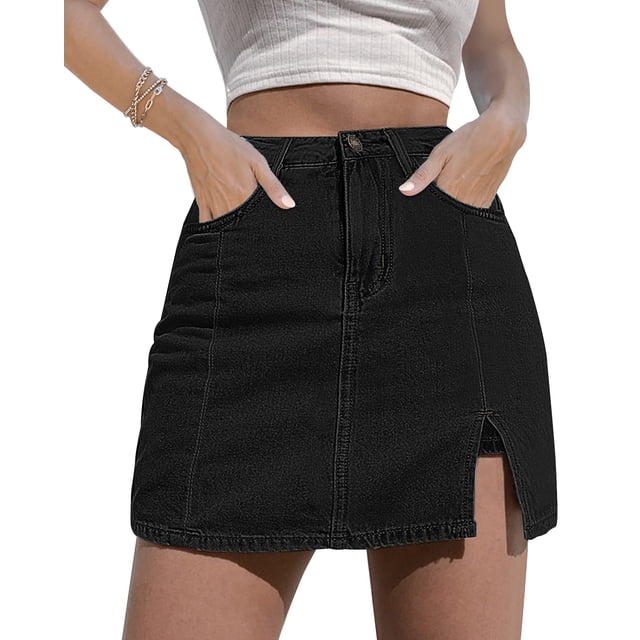 Falda pantalón vaquera negra de tiro alto luvamia, talla grande