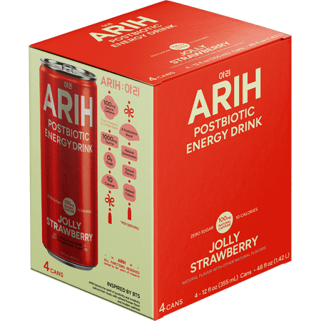ARIH Postbiotic Energy Drink, Zero Sugar Clean Energy Drink with 100mg Natural Caffeine, Jolly Strawberry, 12 fl oz, 4 Pack