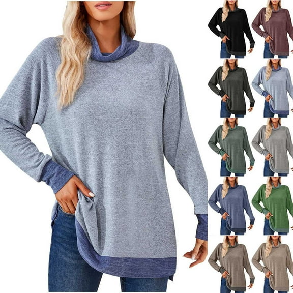qolati Women's Casual Shirts Fashion Contrast Neck Long Sleeve Split Blouse Lightweight Oversized Pullovers Tee Tops 2023 Fall Clothes