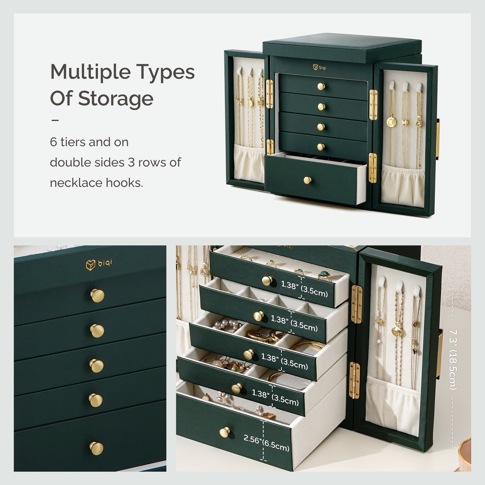 Casegrace 6-Tier Huge Jewelry Box for Women Girls with Mirror 5 Drawers Organizer Necklace Ring Earring Storage Opening Door Gift Case