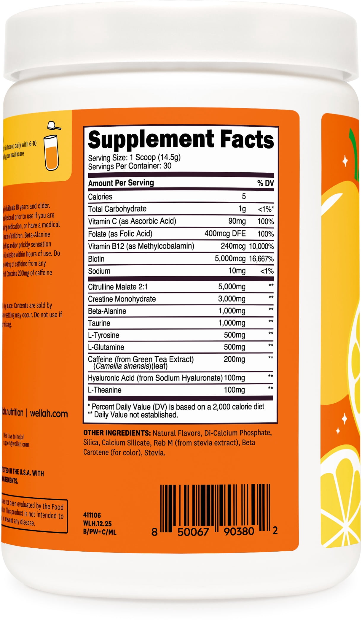 Wellah Pre-Workout + Creatine Powder (30 Servings) Mango Lemonade - 200mg Caffeine, 3g Creatine Monohydrate, 5g Citrulline Malate, Pre-Workout with Creatine Supplement