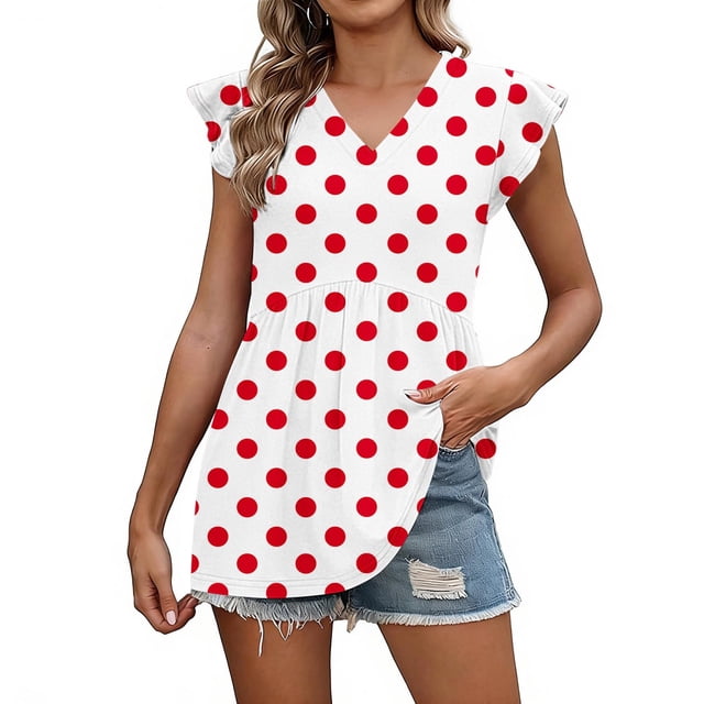 Craaazy Women Casual V Neck Blouse, Polka Dot/Ombre/Check Print Short Sleeve Ruffle Sleeve Top, Loose Fit Comfy T-shirts for Daily Wear Gifts