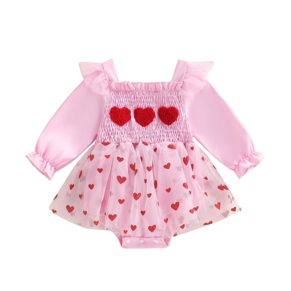 BemeyourBBs Newborn Baby Girls Heart Pink Romper Dress Valentines Day Outfits Long Sleeve Heart Tulle Patchwork Bodysuit Tutu Dress Infant Girl Spring Summer Clothes