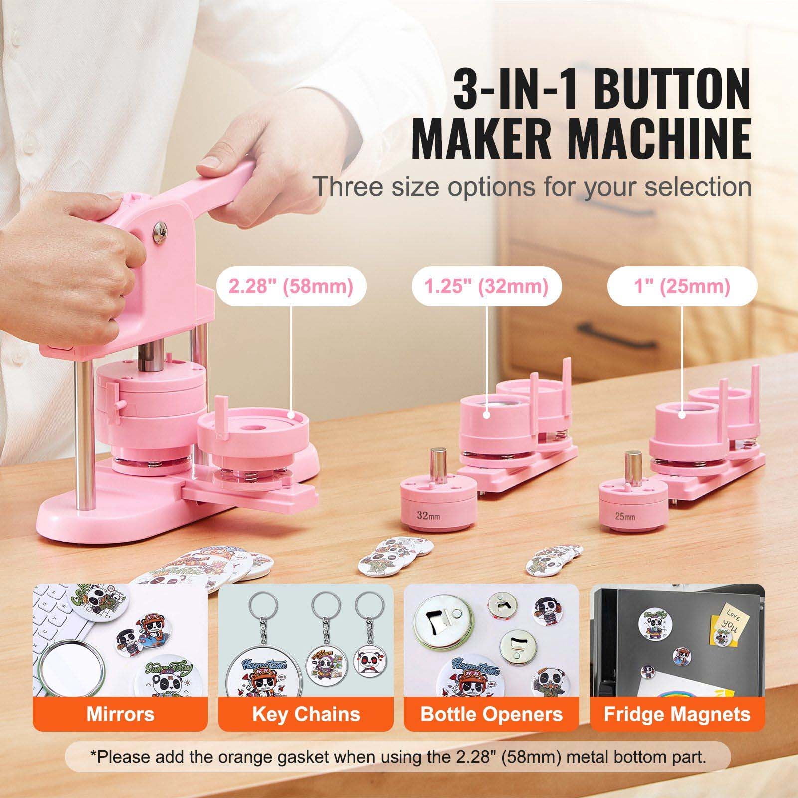 Button Maker Machine, 3-in-1 Pin Maker Kit 25/32/58mm, 300pcs Parts, DIY Badge Maker for Kids Crafts, Panda Magic Book, Pink