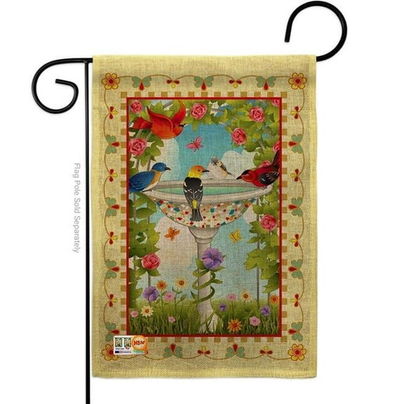 Breeze Decor BD-BI-G-105037-IP-DB-D-US12-AL 13 x 18.5 in. Bathing Birds Ivory Burlap Garden Friends Impressions Decorative Vertical Double Sided Flag