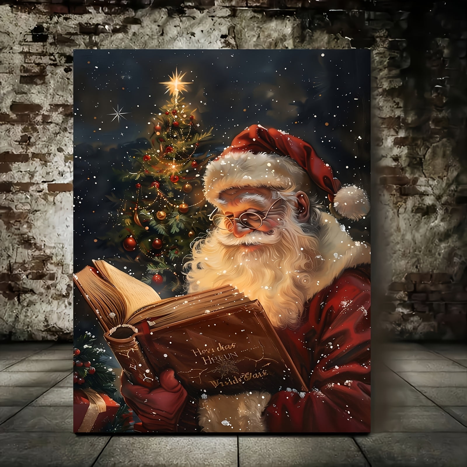 Framed Santa Claus Reading Canvas Wall Art - Waterproof Print, Festive Holiday Decor for Home, Ideal for Christmas & Halloween, Featuring Santa in his Traditional Attire