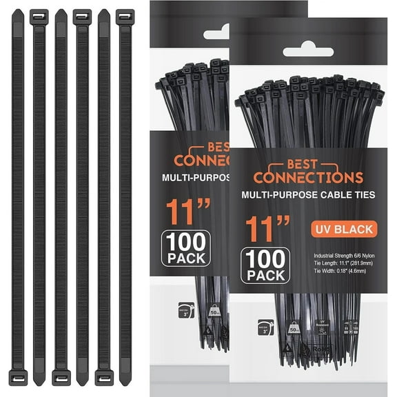 Best Connections 200 Pieces 11" UV Black Nylon Cable Straps Zip Ties 50 Lbs Tensile Strength
