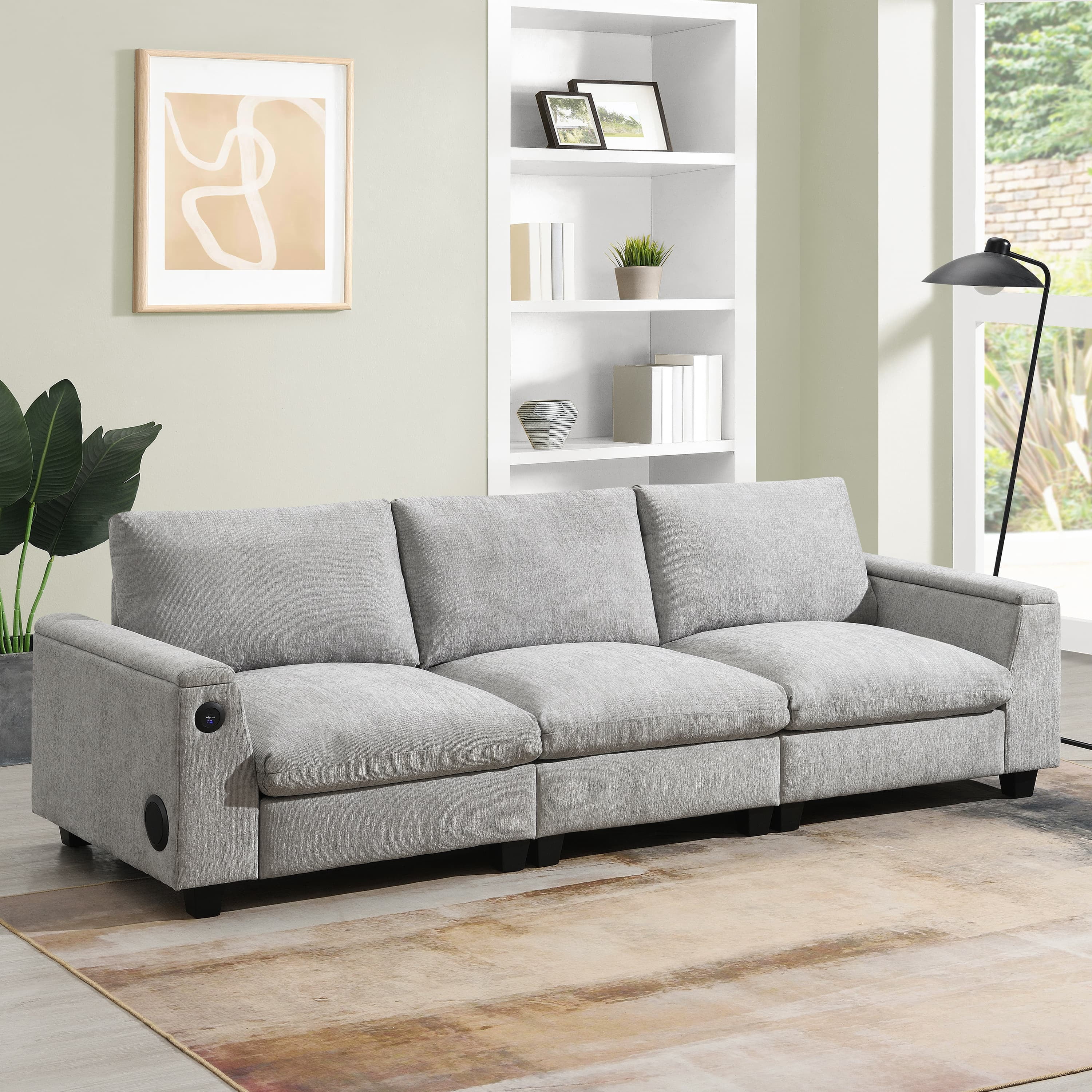 MAYEERTY 96x35" Chenille Sectional Sofa - Bluetooth Speaker, Drop Down Table/Cup Holders/USB/Storage Armrest, Wide Seat for Living Room/Apartment/Office, 3 Colors