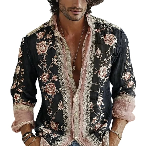 Mens 70s Long Sleeve Floral Dress Shirt Flowered Paisley Pattern Print Vintage Button Down Hippie Shirts