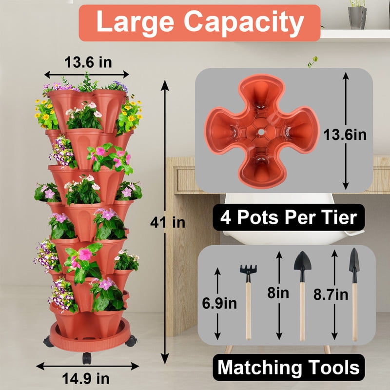 7-Tier Vertical Stackable Tower Planter for Strawberries, Flowers, Herbs, and Vegetables - Red.