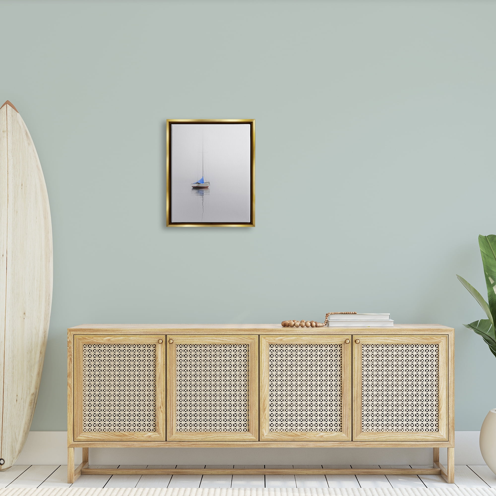 Stupell Drifting Boat Grey Ocean Reflection Landscape Photography Gold Floater Framed Art Print Wall Art