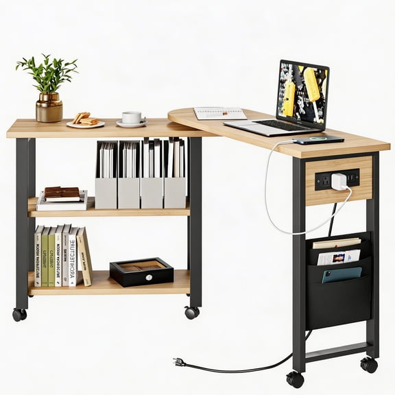 360° Rotating Coffee Table with Charging Station, 2-Tier Movable Sofa Side Table with Extra Storage Bag, 6 Lockable Swivel Wheels, Versatile for Living Room, Bedroom, or Office
