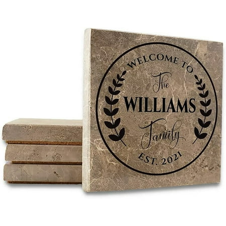 

Krebs Custom Coaster Set Of 4 - Personalized Name Monogram Drink Coasters - Absorbent Stone Coasters With Non-Slip Cork Backing - 4 Large Coasters For Anniversary Housewarming Wedding