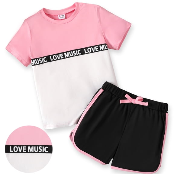 PatPat Kid Girl 2 Pieces Outfits Color Block Short Sleeve T-Shirt and Athletic Shorts Summer Set Sizes 5-12