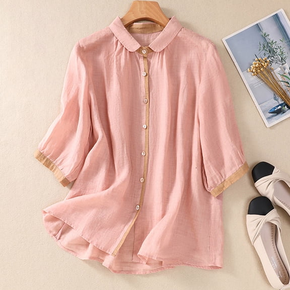 Women Button Down Shirts Casual Long Sleeve Lapel Neck Chambray Blouse Top Pink M