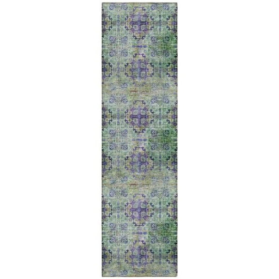 HomeRoots 562981 8 ft. Runner Purple & Green Floral Medallion Washable Non Skid Indoor Outdoor Runner Machine Woven Rug