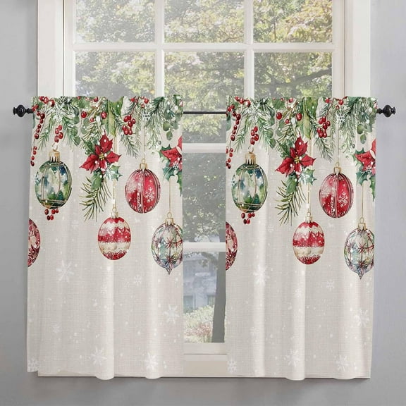 Beige Christmas Ball Kitchen Curtains 54 in Long, Xmas Poinsettia Pine Needles Snow Rod Pocket Window Curtains Panels for Bedroom/Bathroom/Nursery, Light Filtering Treatment Curtains Drapes 42"x54"