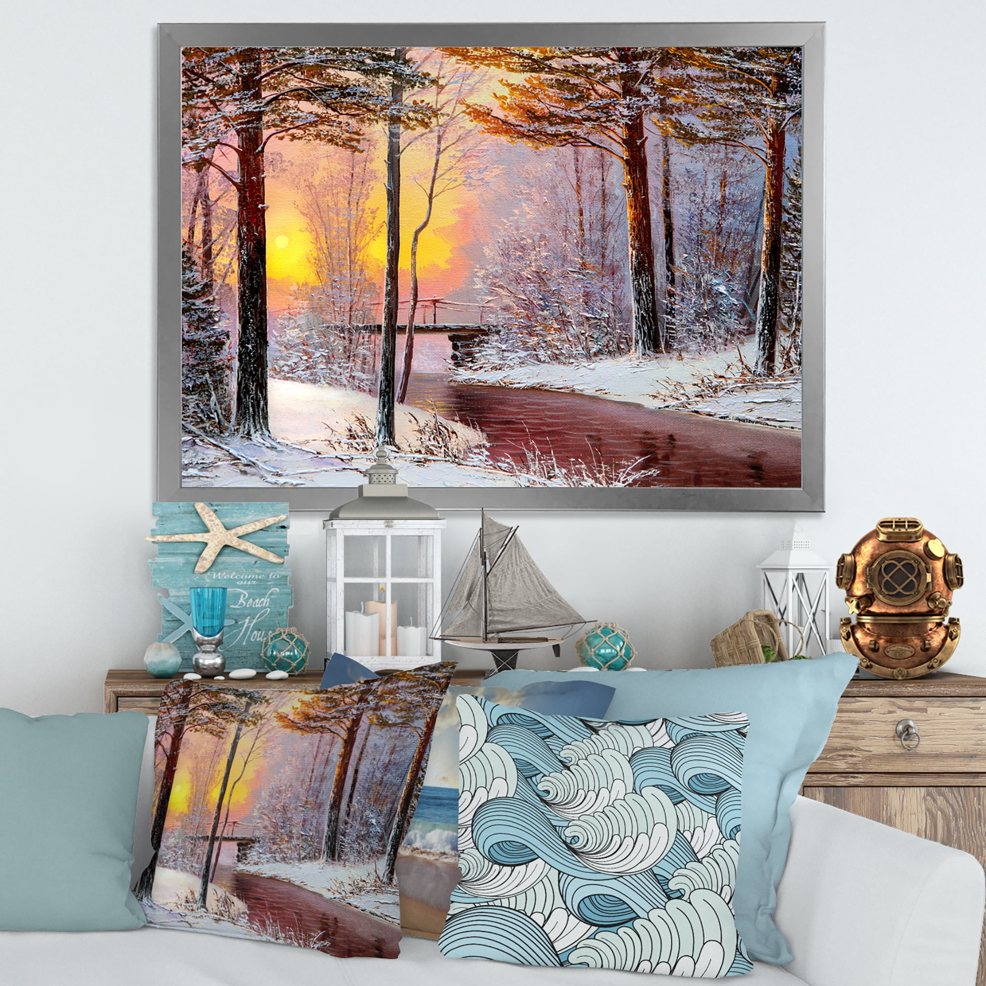 Designart 'Christmas Forest With Trees and River IV' Traditional Framed Art Print